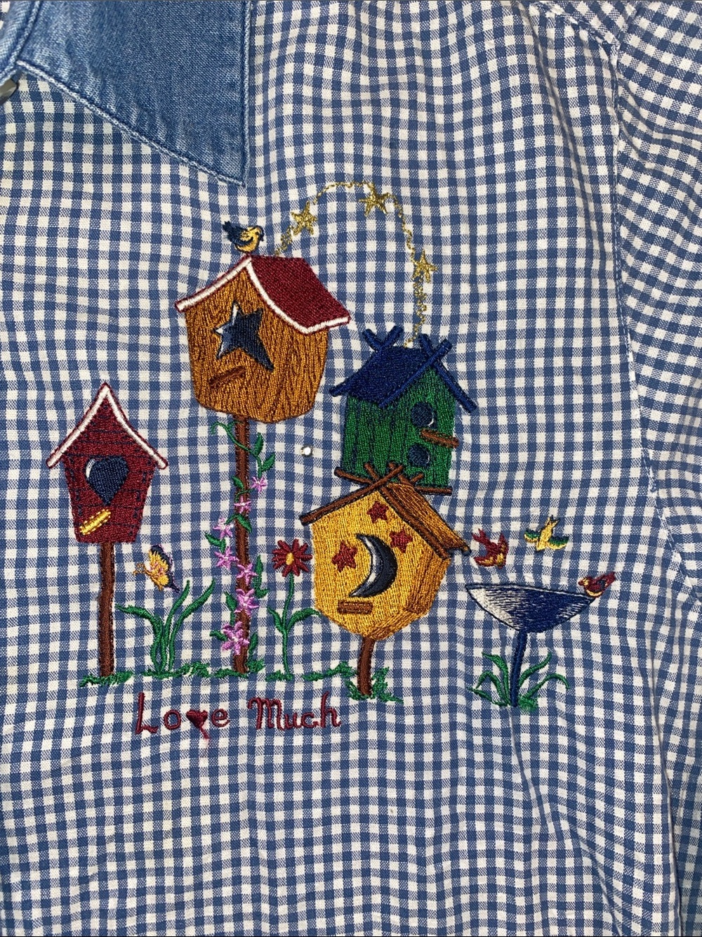 Quaker Factory Blue Gingham Button-Up Shirt with Embroidered Birdhouses - Picture 4 of 7